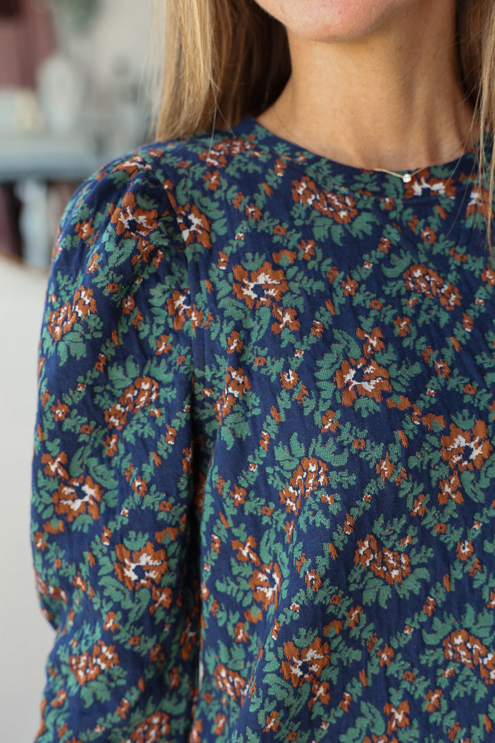 Puff Sleeve Printed Top - Navy