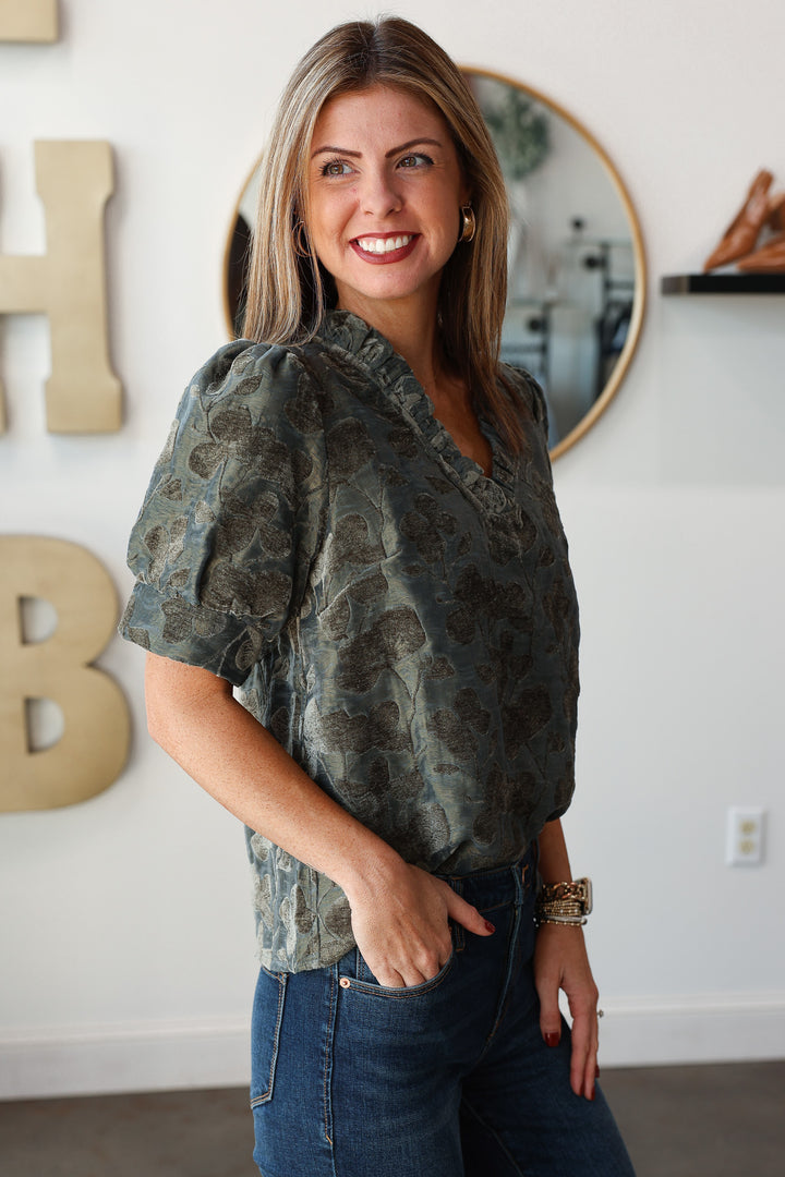 Ruffle Collar Burnout Top - Charcoal