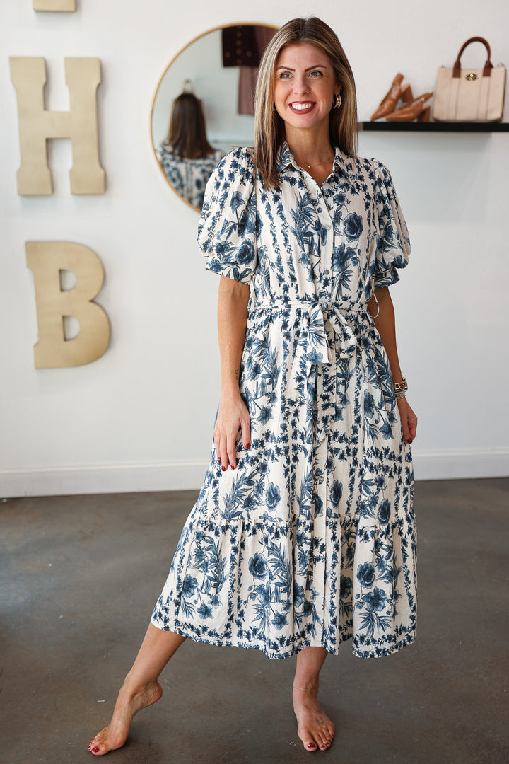 Button Front Floral Maxi Dress - Navy