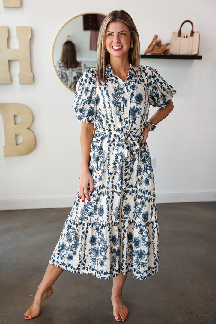 Button Front Floral Maxi Dress - Navy