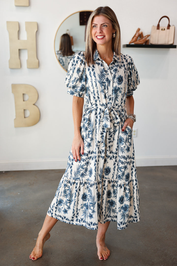 Button Front Floral Maxi Dress - Navy