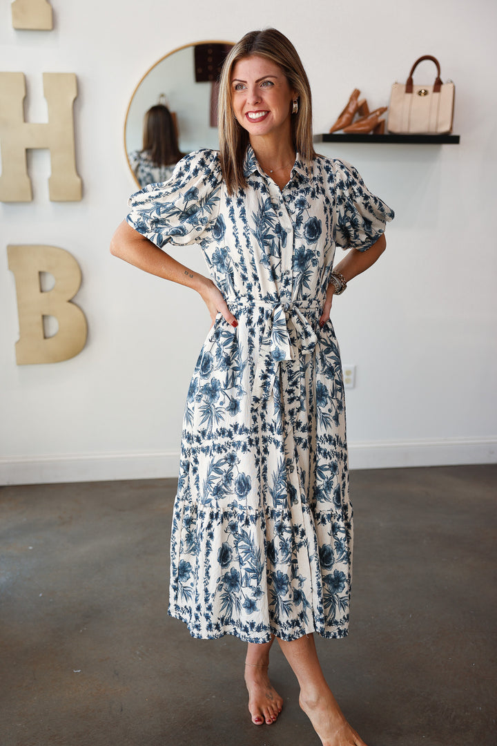 Button Front Floral Maxi Dress - Navy