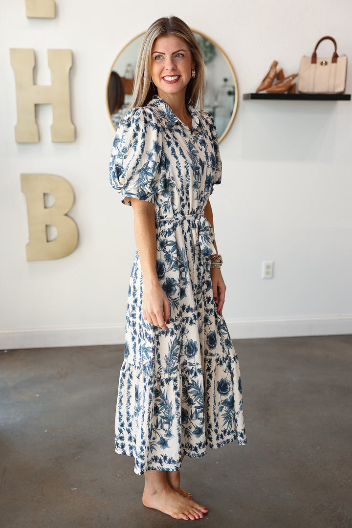 Button Front Floral Maxi Dress - Navy