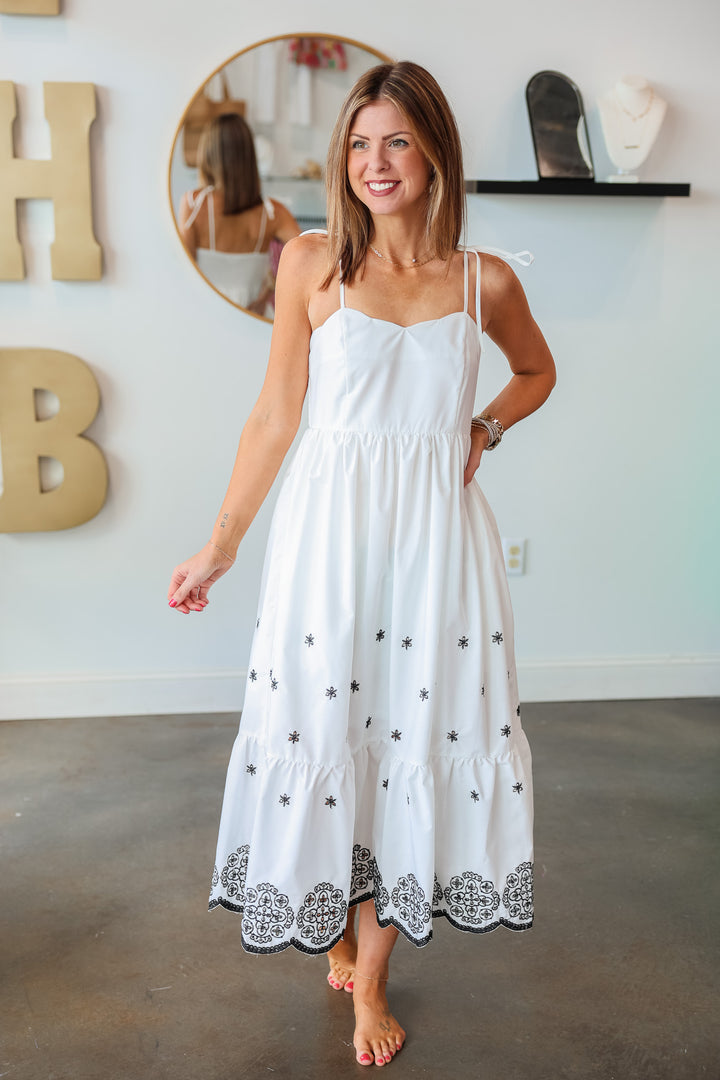Tie Shoulder Embroidered Dress - White