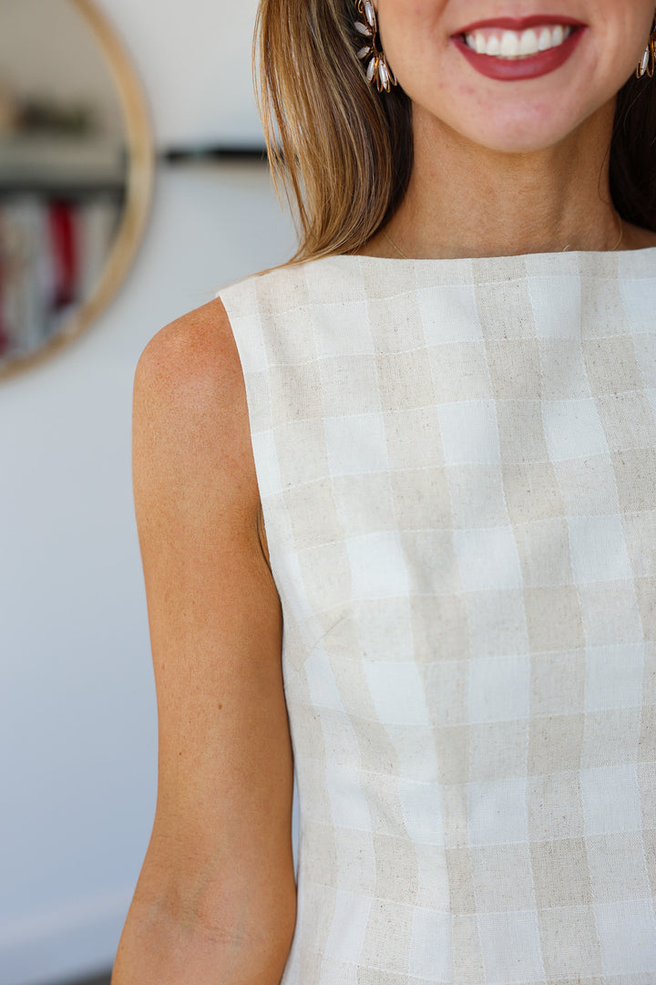 Gingham Linen Blend Top - Cream