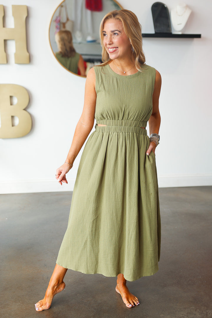 Cut Out Waist Midi Dress - Olive