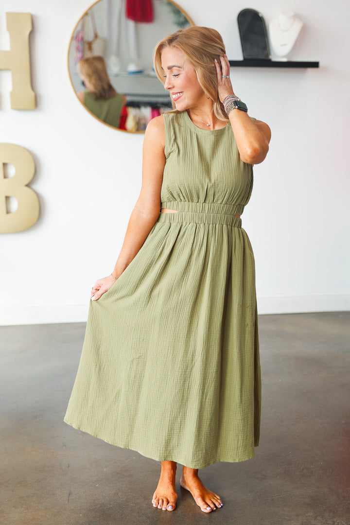 Cut Out Waist Midi Dress - Olive