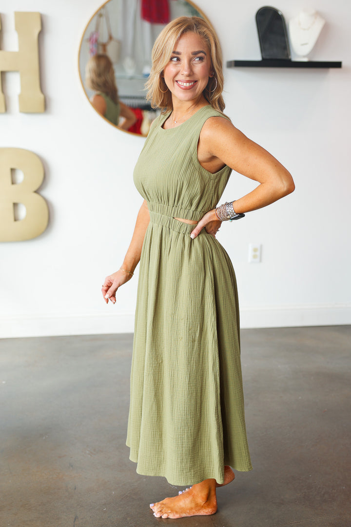 Cut Out Waist Midi Dress - Olive