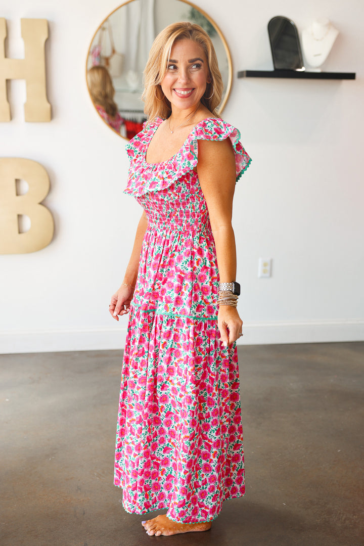 Ruffle Shoulder Floral Dress - Pink