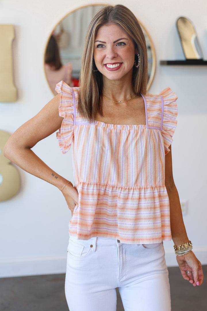 Striped Ruffle Sleeve Top - Lavender/Citrus