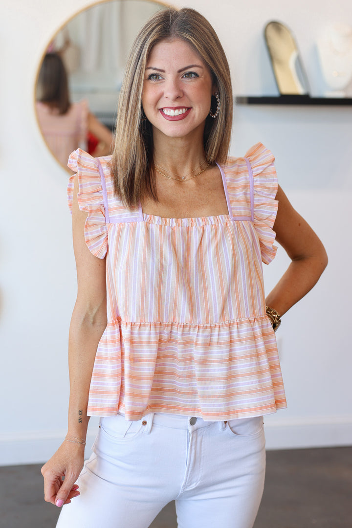 Striped Ruffle Sleeve Top - Lavender/Citrus