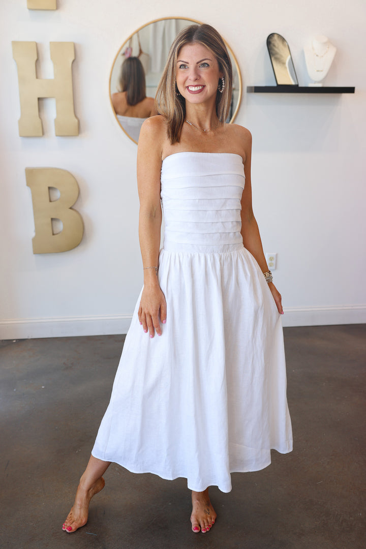Linen Strapless Midi Dress - White