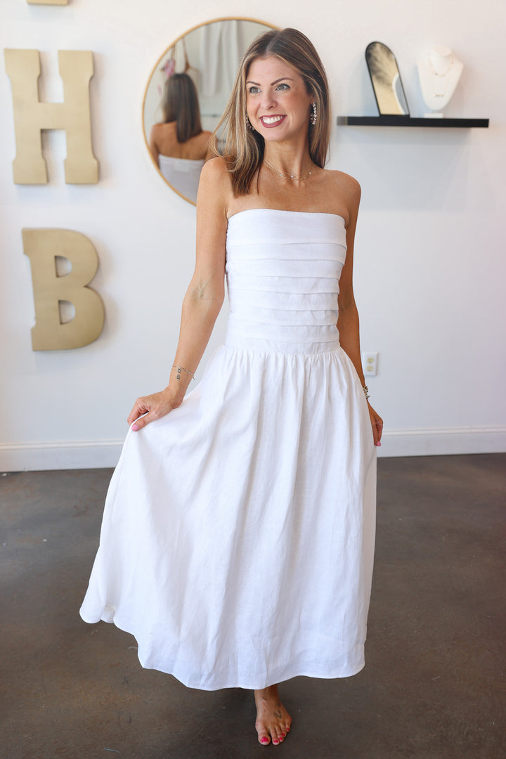 Linen Strapless Midi Dress - White