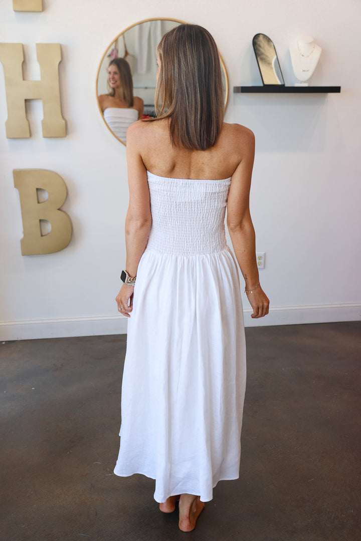 Linen Strapless Midi Dress - White