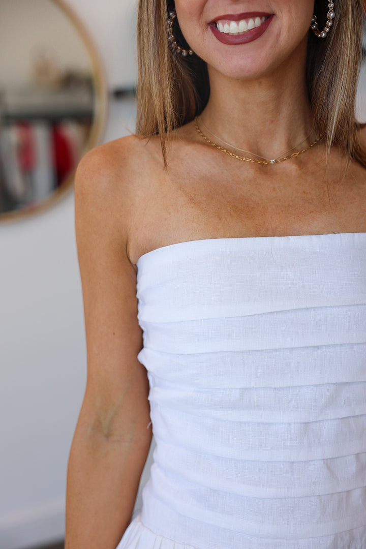Linen Strapless Midi Dress - White