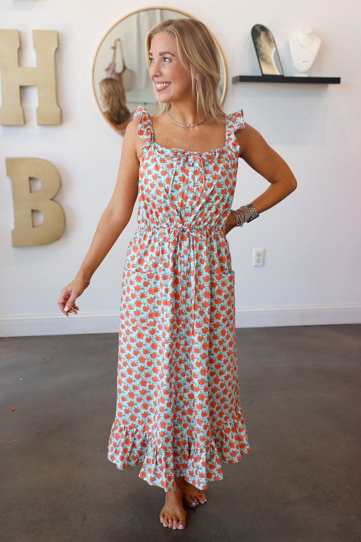 Floral Midi Dress - Sky/Orange