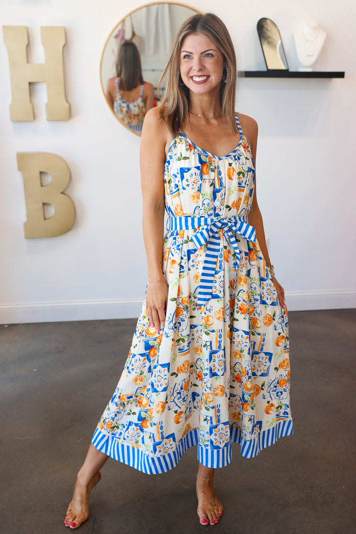 Tropical Printed Striped Detail Dress