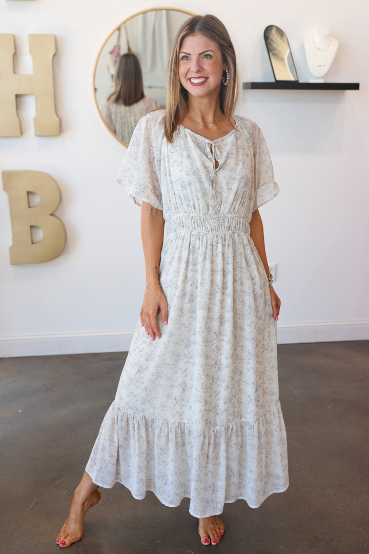 Floral Flutter Sleeve Midi Dress - Blue/Cream