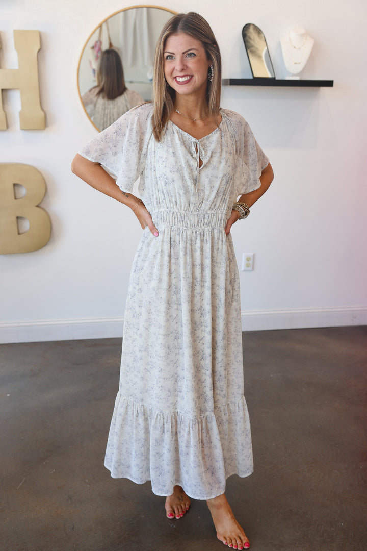Floral Flutter Sleeve Midi Dress - Blue/Cream