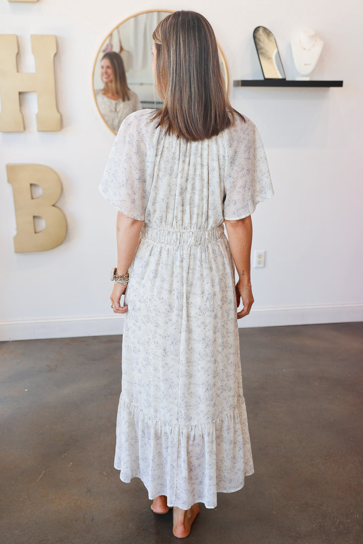 Floral Flutter Sleeve Midi Dress - Blue/Cream
