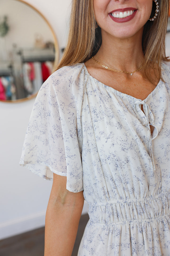 Floral Flutter Sleeve Midi Dress - Blue/Cream