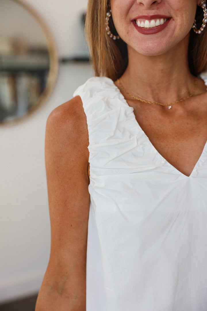 Ruched Shoulder Tank - White