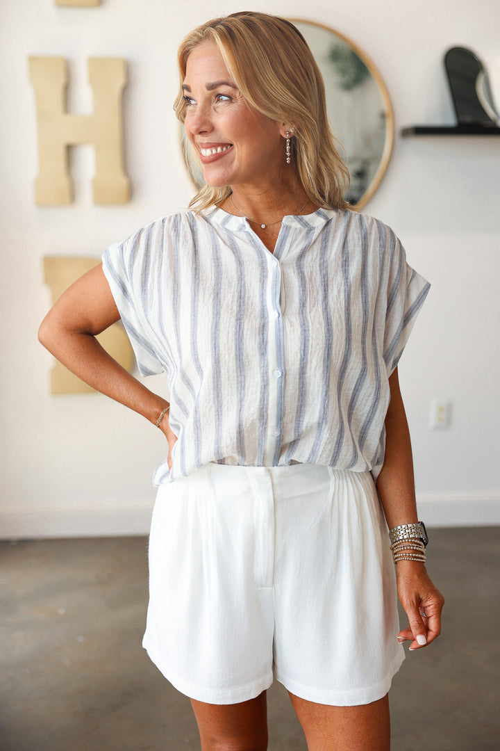 Button Down Striped Top - Blue