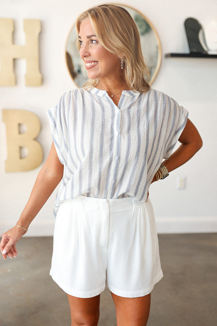 Button Down Striped Top - Blue