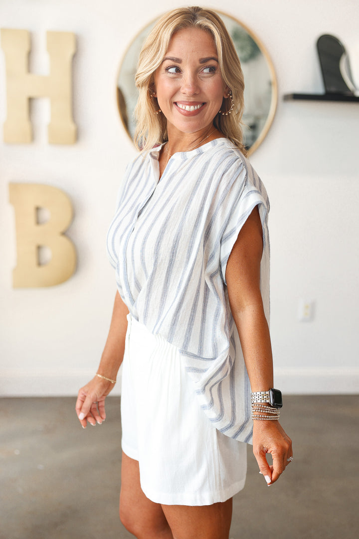 Button Down Striped Top - Blue
