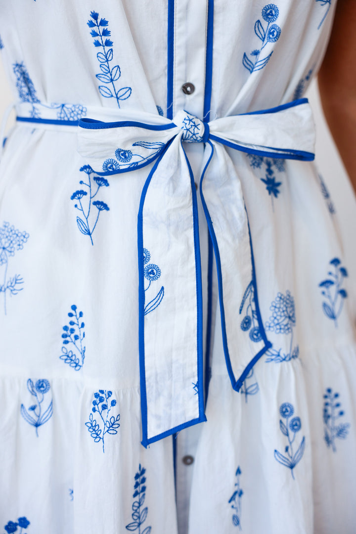 Tie Waist Floral Dress - Blue