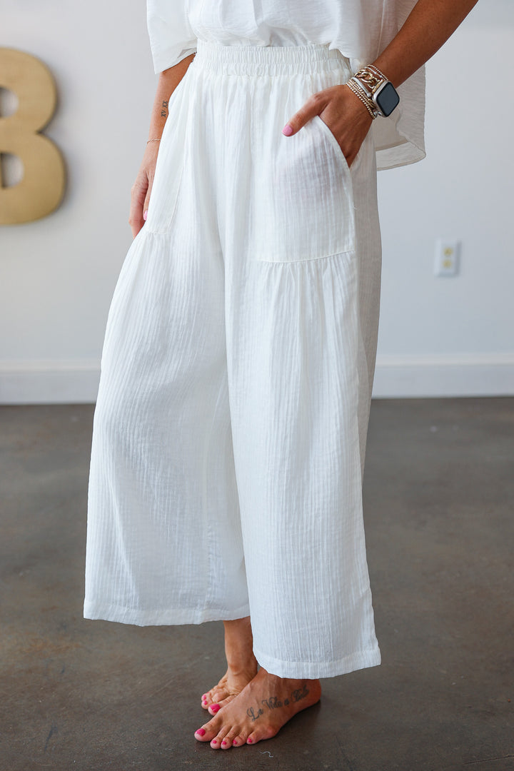 Wide Leg Shirring Detail Pants - White
