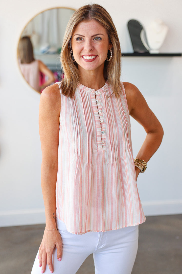 Striped Button Front Top - Peach Pink