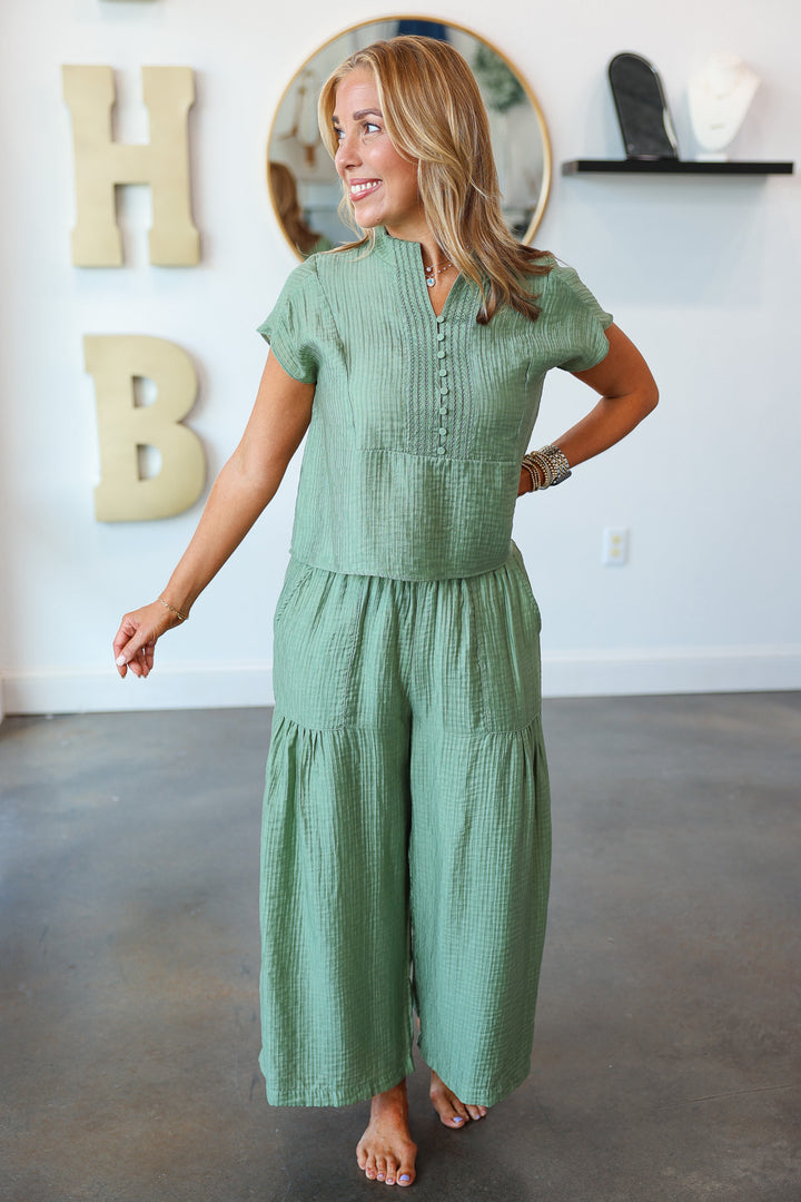 Wide Leg Shirring Detail Pants - Light Sage