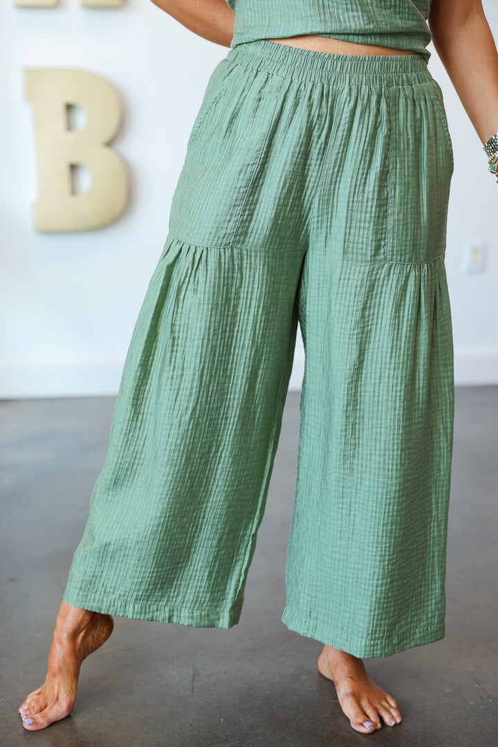 Wide Leg Shirring Detail Pants - Light Sage