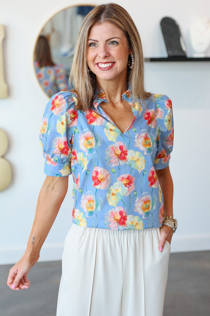 Pleated Collar Top - Blue