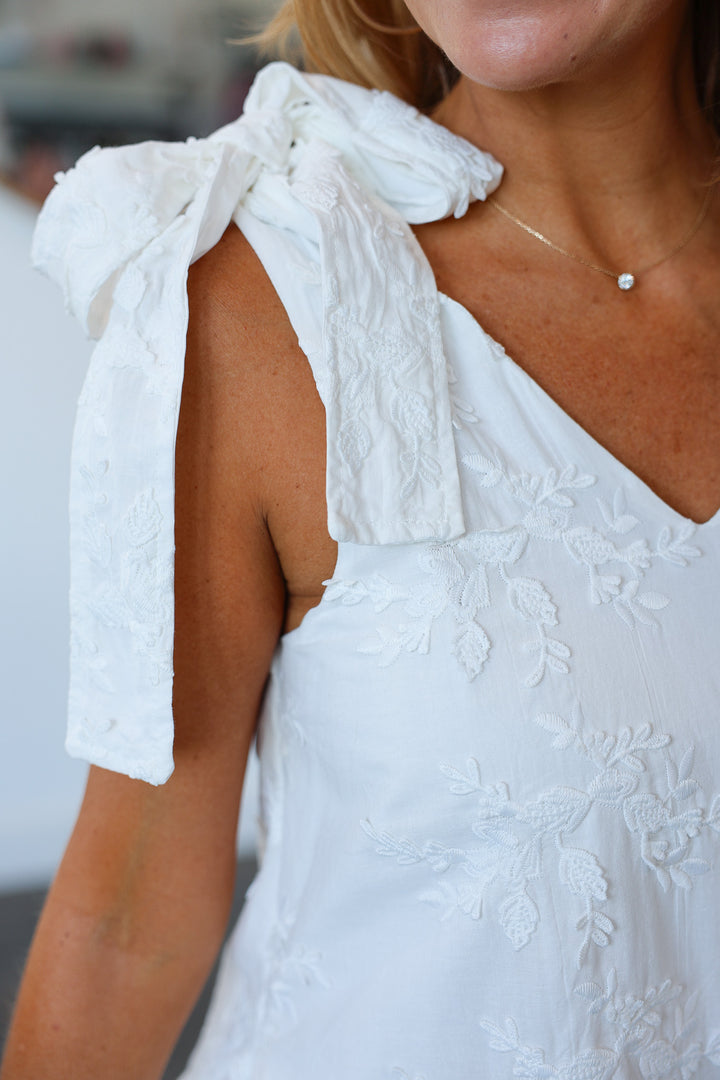 Tie Shoulder Textured Floral Dress - White