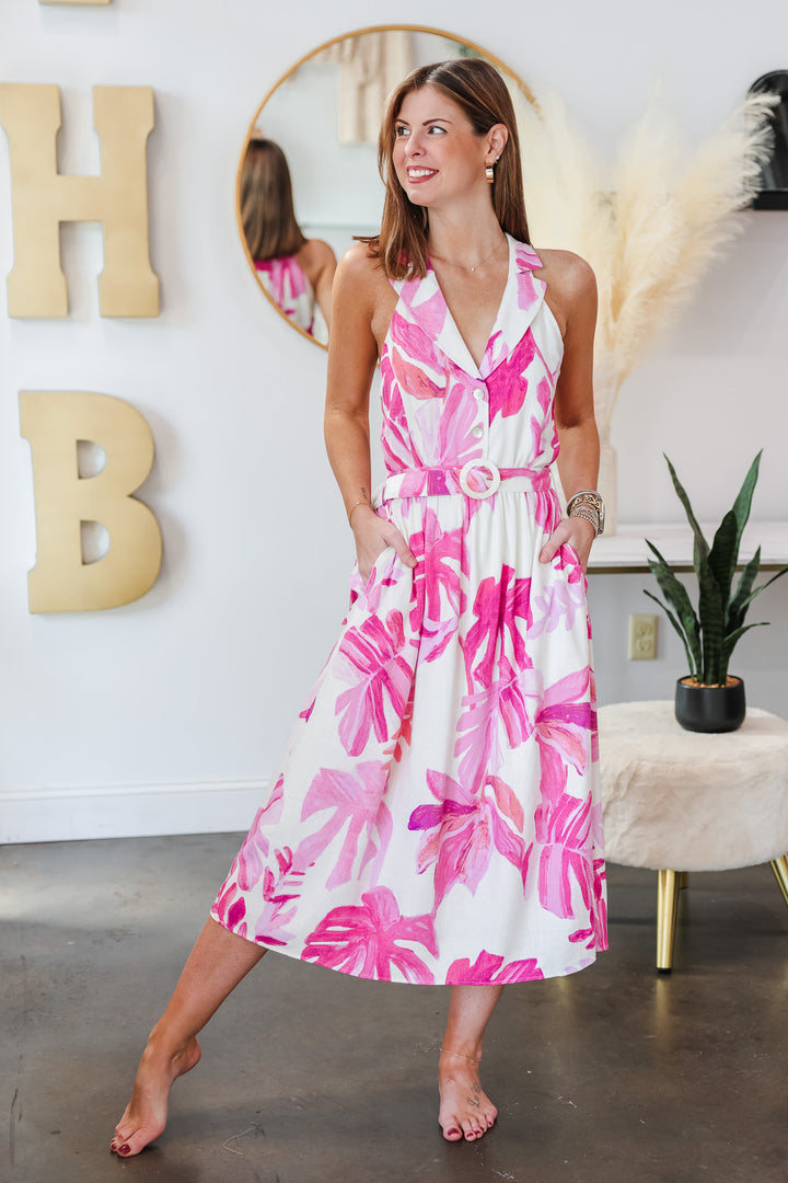 Tropical Print Belted Dress - White/Pink