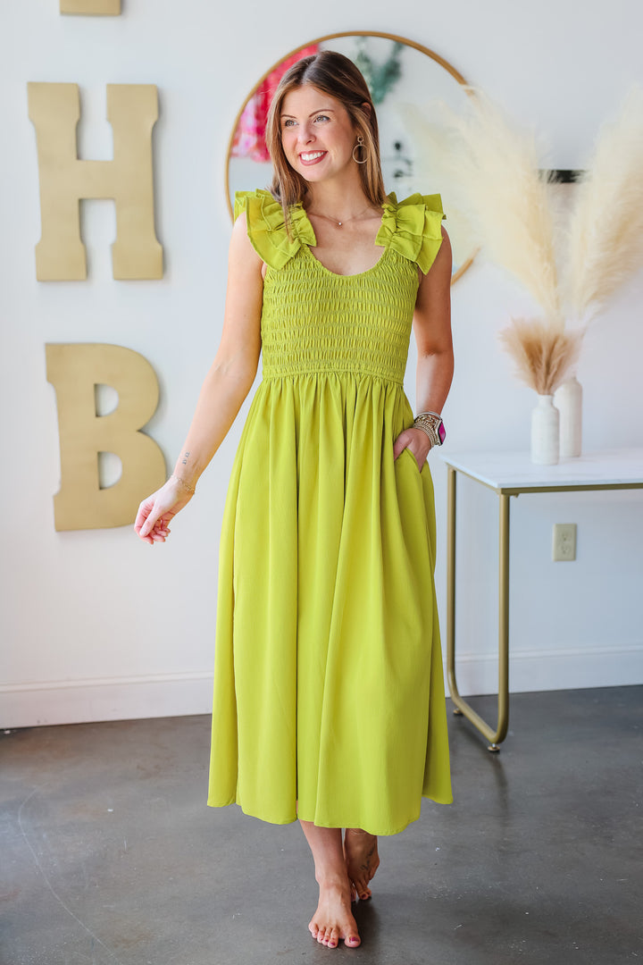 Ruffle Shoulder Dress - Chartreuse