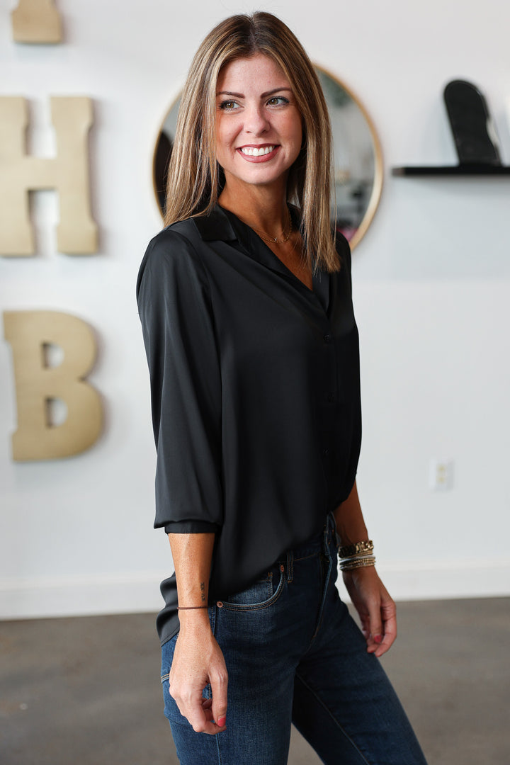 Satin Button Down - Black