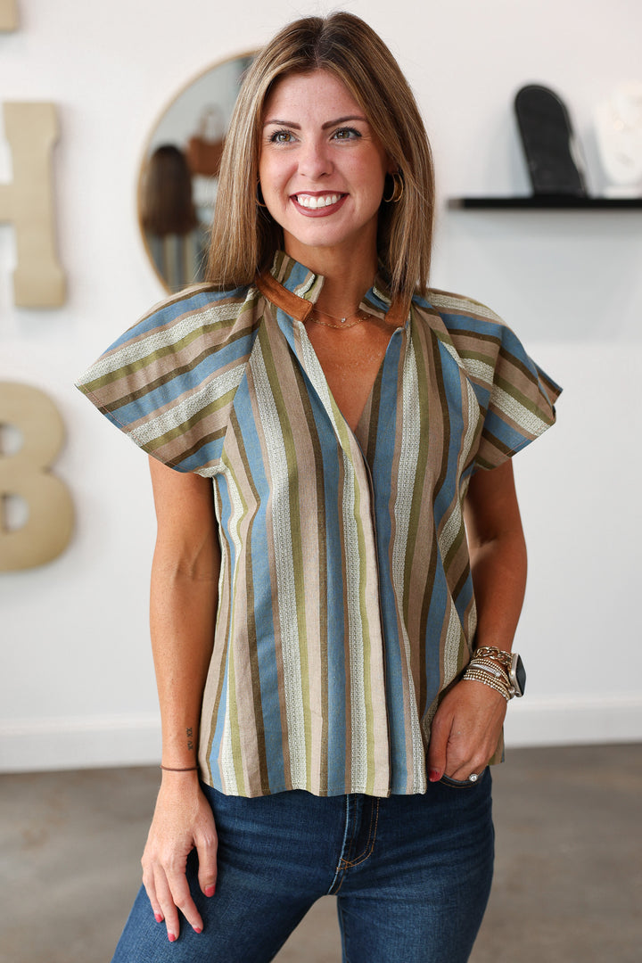 Striped Ruffle Collar Top