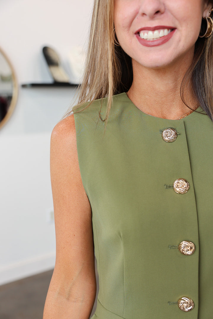 Button Front Peplum Top - Olive