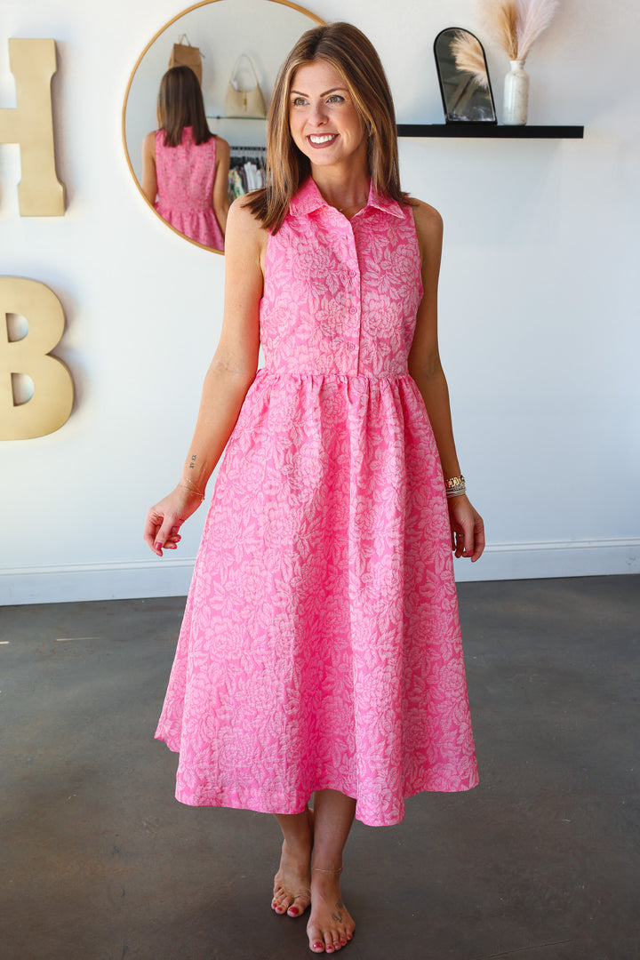 Jacquard Floral Collar Dress - Pink