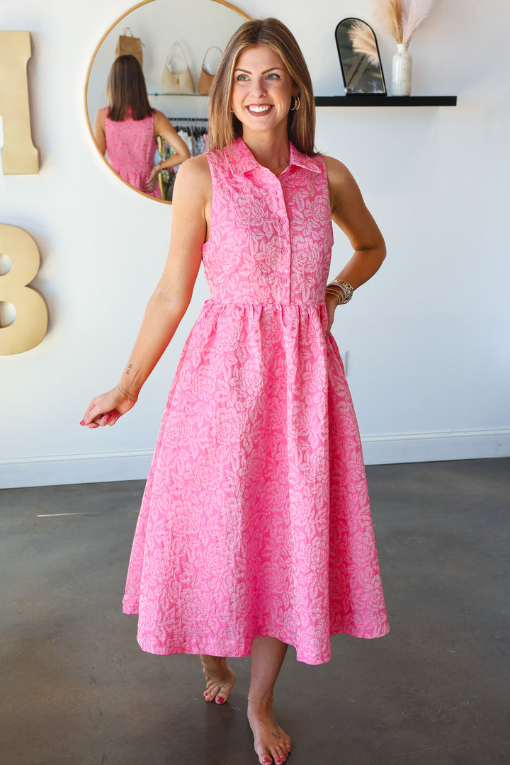 Jacquard Floral Collar Dress - Pink