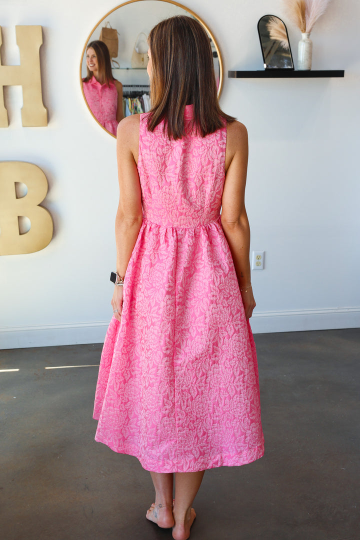 Jacquard Floral Collar Dress - Pink