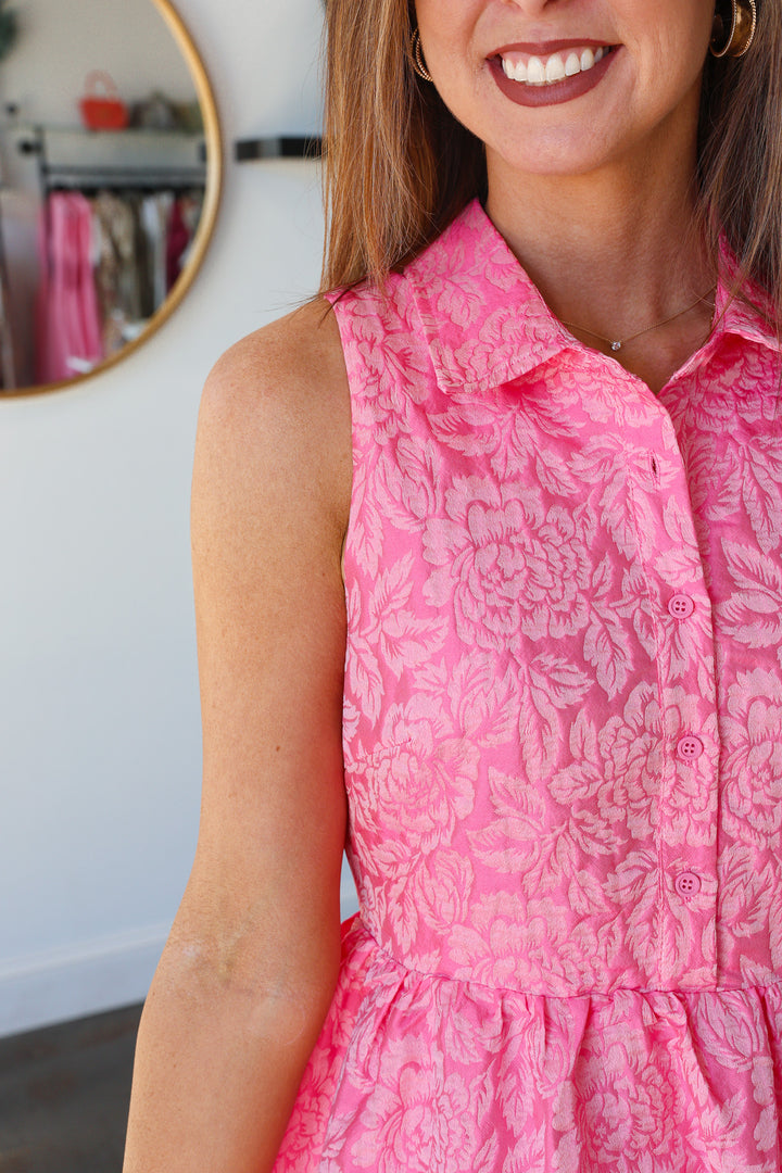 Jacquard Floral Collar Dress - Pink