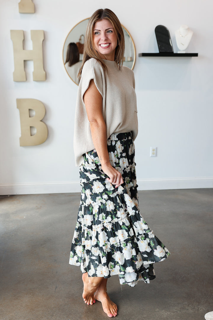 Floral Midi Skirt - Black