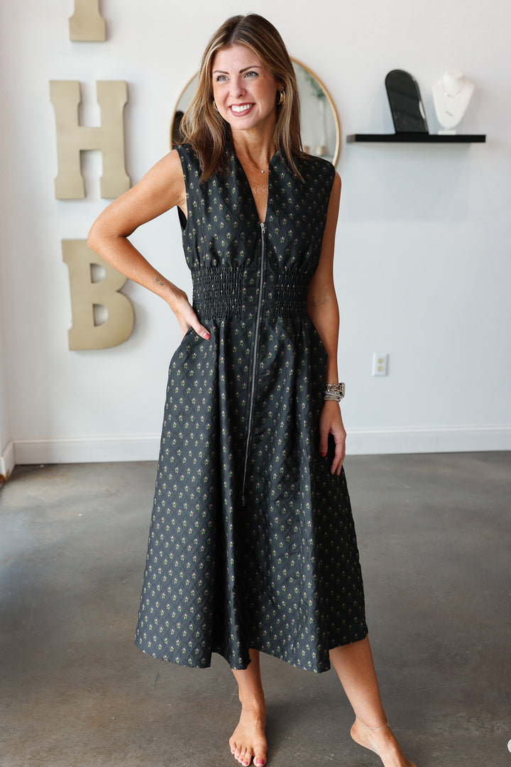 Smocked Waist Midi Dress - Black