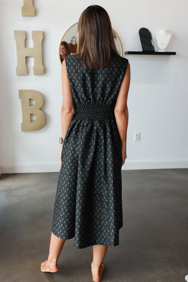 Smocked Waist Midi Dress - Black