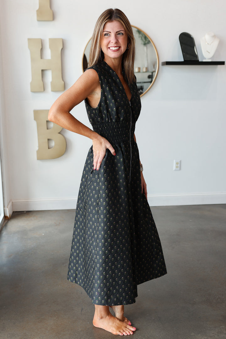 Smocked Waist Midi Dress - Black