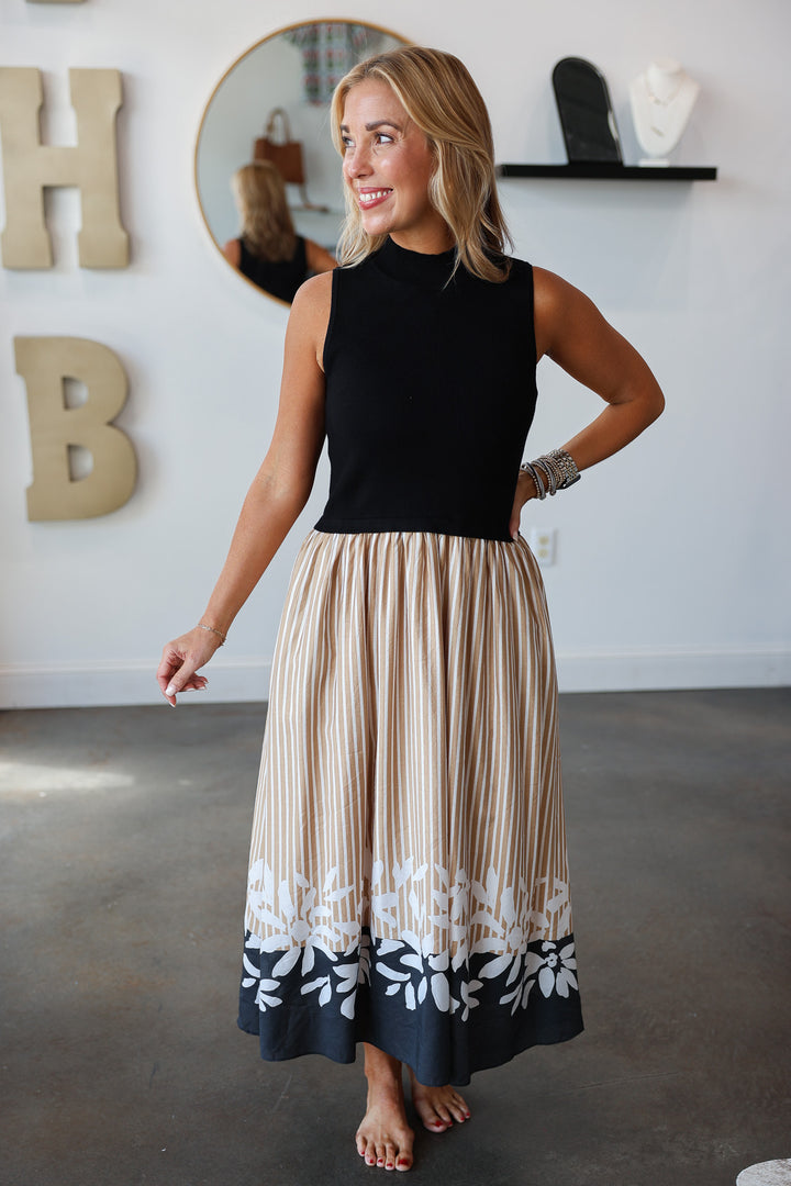 Mixed Media Printed Dress - Black/Beige